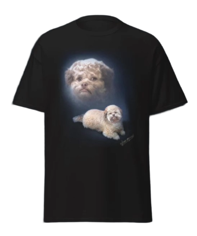 Black t-shirt with a graphic of two dogs on a white background